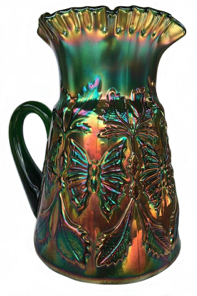 Fenton Butterfly And Fern Green Water Pitcher Carnival Glass Showcase 9778