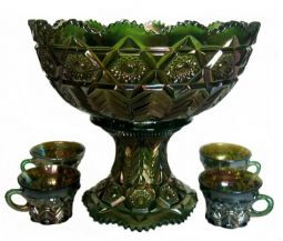 Cambridge Nearcut No. 2651 Inverted Feather Green Punch Bowl Set